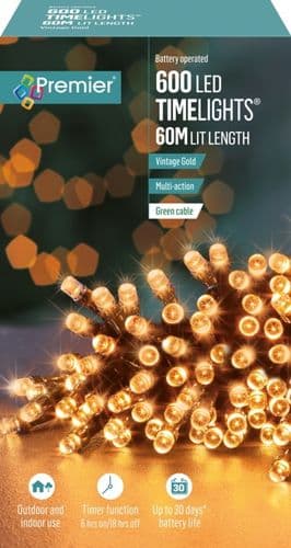 Premier Multi Action Battery Operated LED Lights - 600 LED Vintage Gold