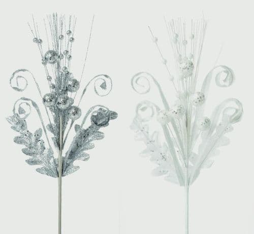 Premier Silver Wht Glitter Ball Leaves Spray - 60cm