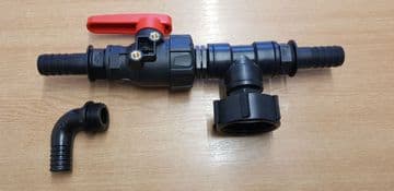60 x 6 mm IBC Adaptor Tee piece with Valve to 25 mm Hose Tails
