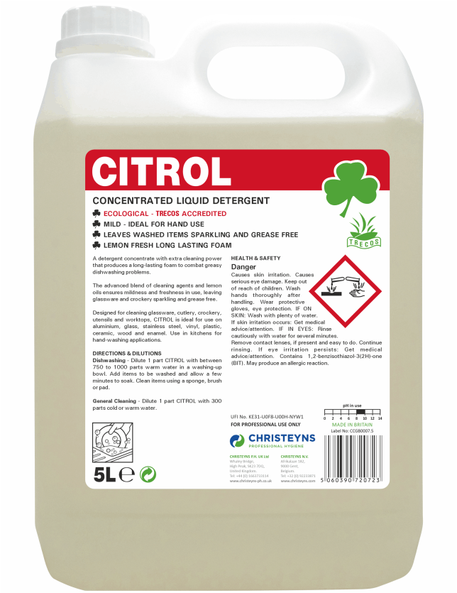 Christeyns Citrol 5L - Concentrated Lemon Washing Up Liquid (Clover)