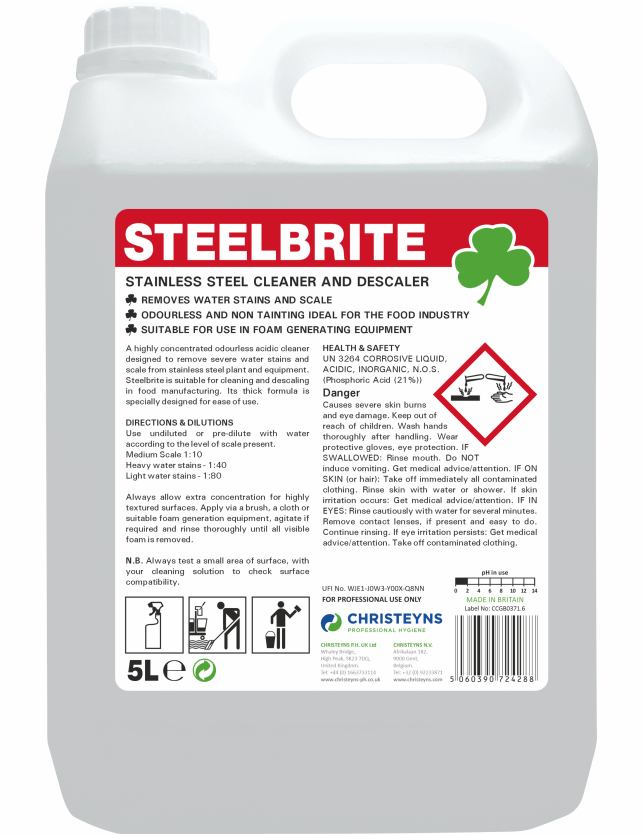 Christeyns SteelBrite 5L - Stainless Steel Cleaner and Descaler (Clover)