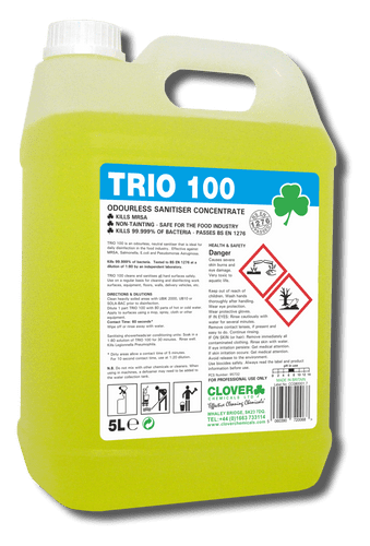 Clover Trio 100 - Sanitiser Concentrate kills 99.999% of bacteria.