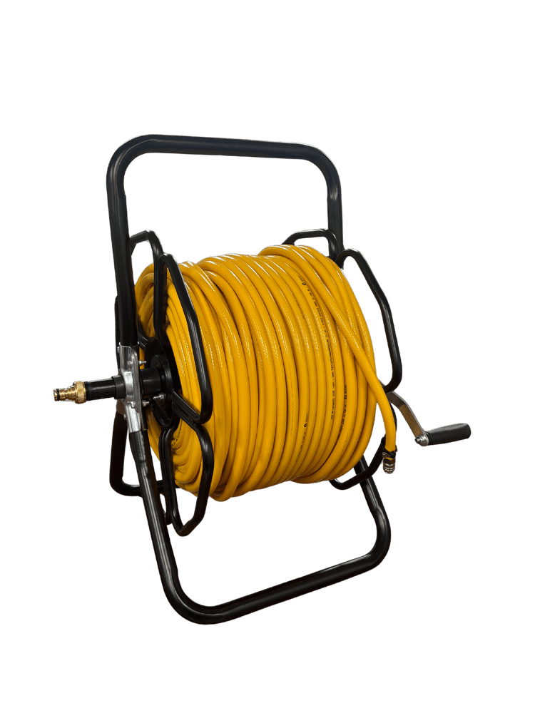 Complete 8mm Mini Hose 100m & Metal Reel inc fittings Yellow