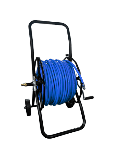 Complete Wheeled Metal hose reel & 6mm Micro Hose 100m inc fittings Supertuff Blue