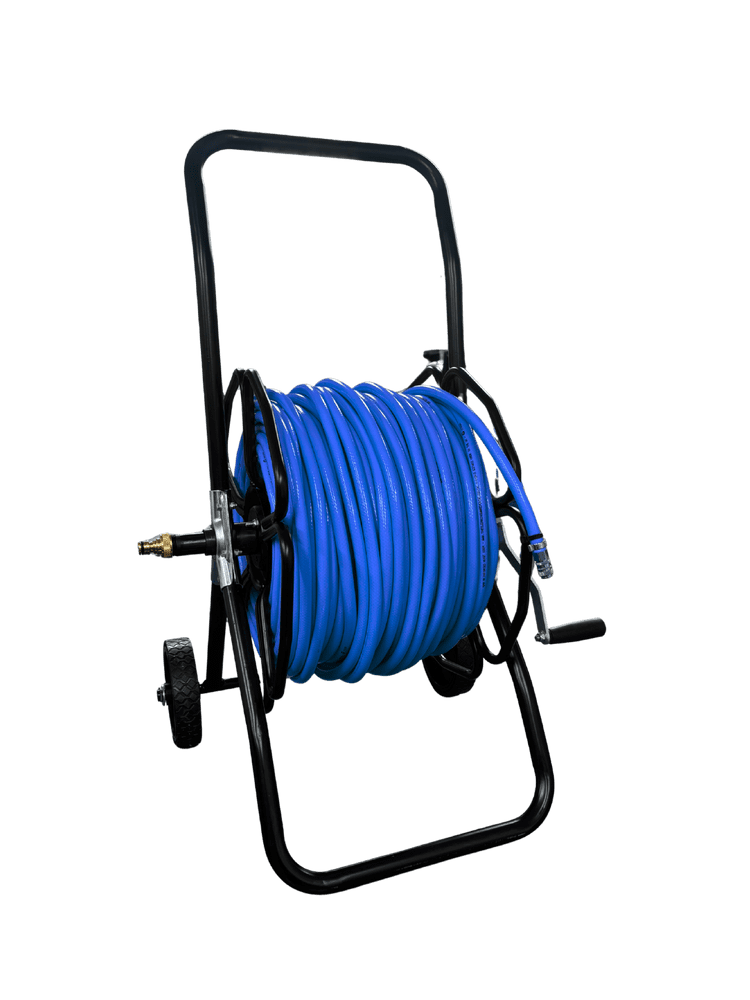 Complete Wheeled Metal hose reel & 8mm  Hose 100m inc fittings Supertuff blue