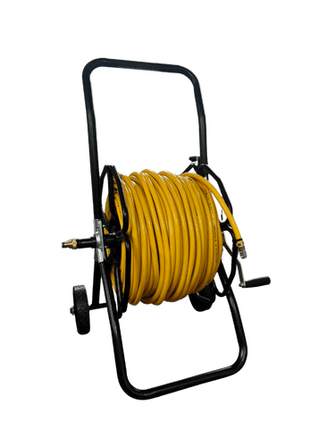 Complete Wheeled Metal hose reel & 8mm  Hose 100m inc fittings Yellow