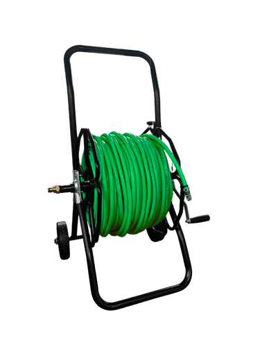 Wheeled Complete 8mm Mini hose 100m & Metal reel inc Fittings HI-VIS