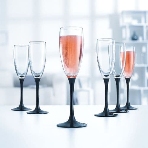 6 Champagne Glasses Black Stem 180ml