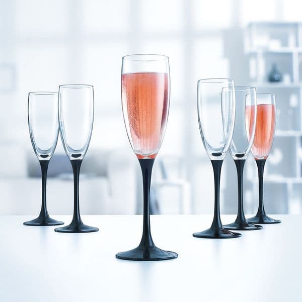 6 Champagne Glasses Black Stem 180ml, Solavia Glassware Barware for Home