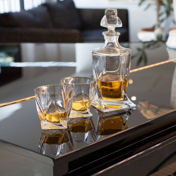 Quadro Crystal Decanter 850ml & Glass Set x 2 - Ideal for Whisky, Brandy | Solavia Fine Glassware