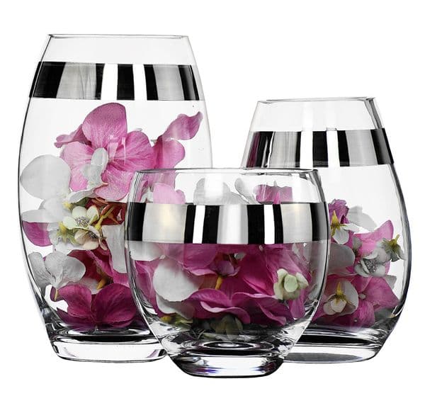 Glass Drop Vase Set of 3 Platinum Stripe, Solavia Glassware handpainted home decor