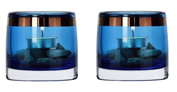 Set of 2 Tea Light Holders-Blue Handpainted- Solavia Glassware Luxury Collection