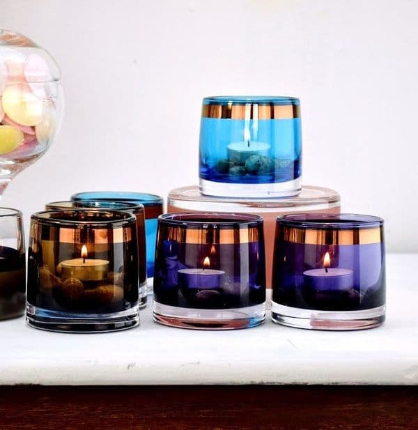 Set of 2 Tea Light Holders-Violet Handpainted - Solavia Glassware Luxury Collection