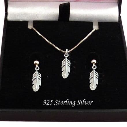 925 Sterling Silver Feathers Necklace & Earrings, Jewellery Set