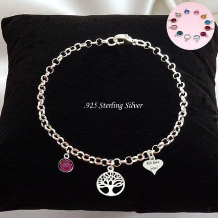 925 Sterling Silver Rolo Chain Bracelet with Birthstone, Tree of Life, Engraved