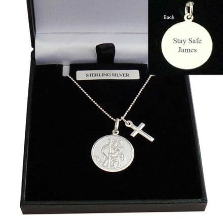 925 Sterling Silver Saint Christopher and Cross Necklace, Any Engraving