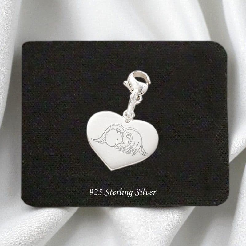 Sterling Silver Heart Charm with Angel Baby Engraving. | Someone Remembered