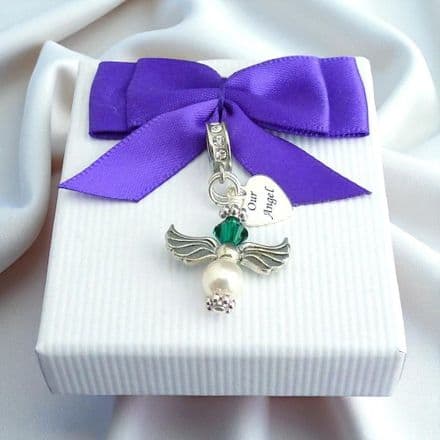 Angel Birthstone Charm with Engraving on Silver Tag