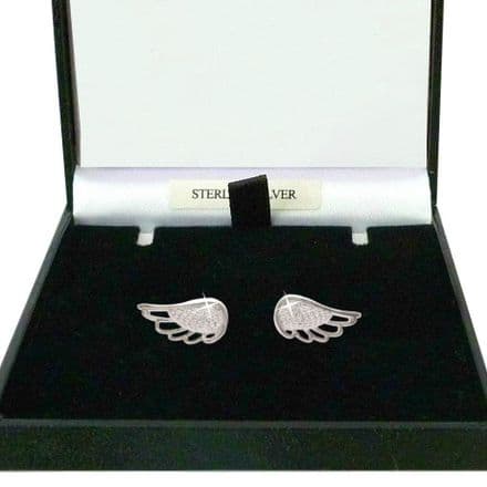Angel Wing Earrings, Sterling Silver with CZ Crystals