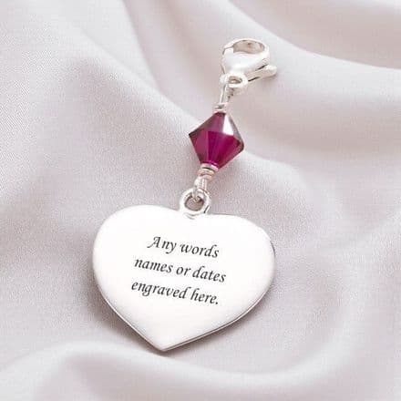 Beautiful Engraved Silver Heart Charm with Birthstone