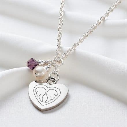 Birthstone Necklace with Angel Wings Engraved