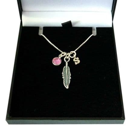 Birthstone Necklace with Feather and Letter Charms, Sterling Silver
