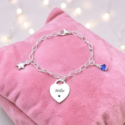 Birthstone, Star and Engraved Heart Memorial Bracelet