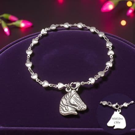 Bracelet Personalised with Engraved Horse Head, Heart Chain