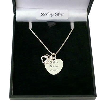 Cat or Dog Loss Necklace with Paw and Engraved Heart Pendant