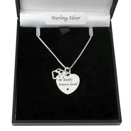 Cat or Dog Loss Necklace with Paw and Engraved Heart Pendant