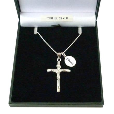 Crucifix Pendant Necklace with Engraving, Sterling Silver
