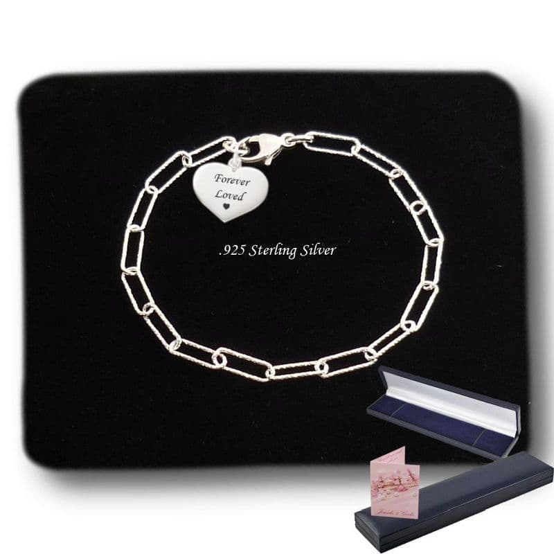 Diamond Cut, Sterling Silver Paperclip Chain Bracelet with Engraved Heart Charm | Someone Remembered