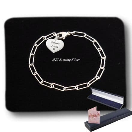 Diamond Cut, Sterling Silver Paperclip Chain Bracelet with Engraved Heart Charm