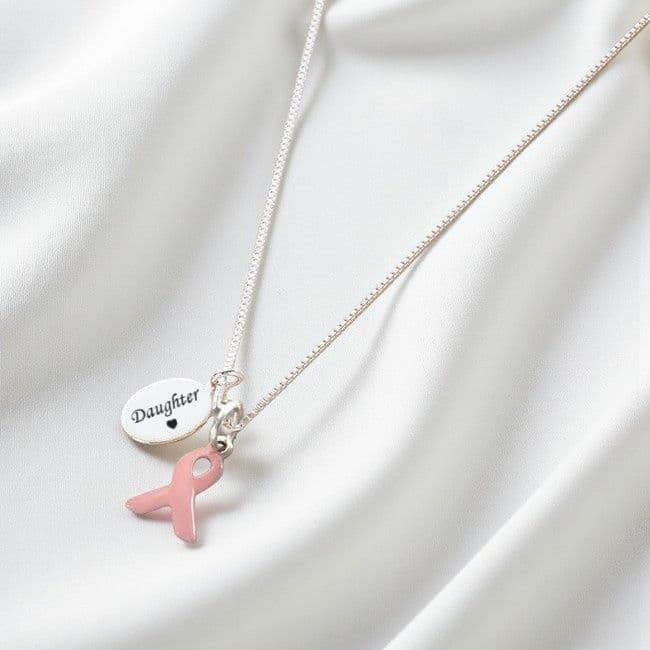 Engraved Breast Cancer Awareness Ribbon Necklace Someone Remembered