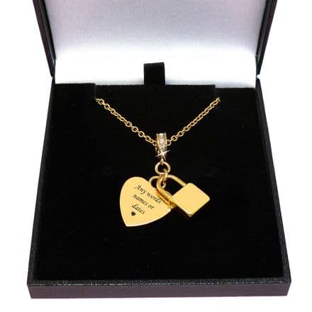 Engraved, Gold, Memorial Necklace, Padlock & Personalised Heart Pendants, Crystals