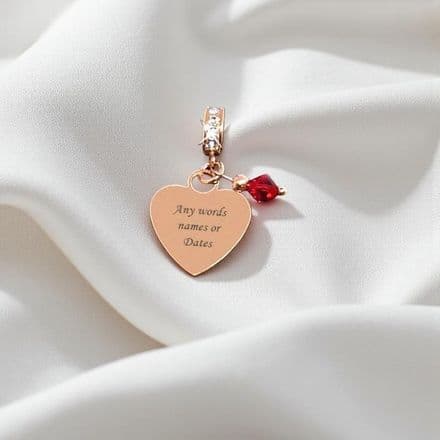 Engraved Heart Charm in Rose Gold with Birthstone and Crystals