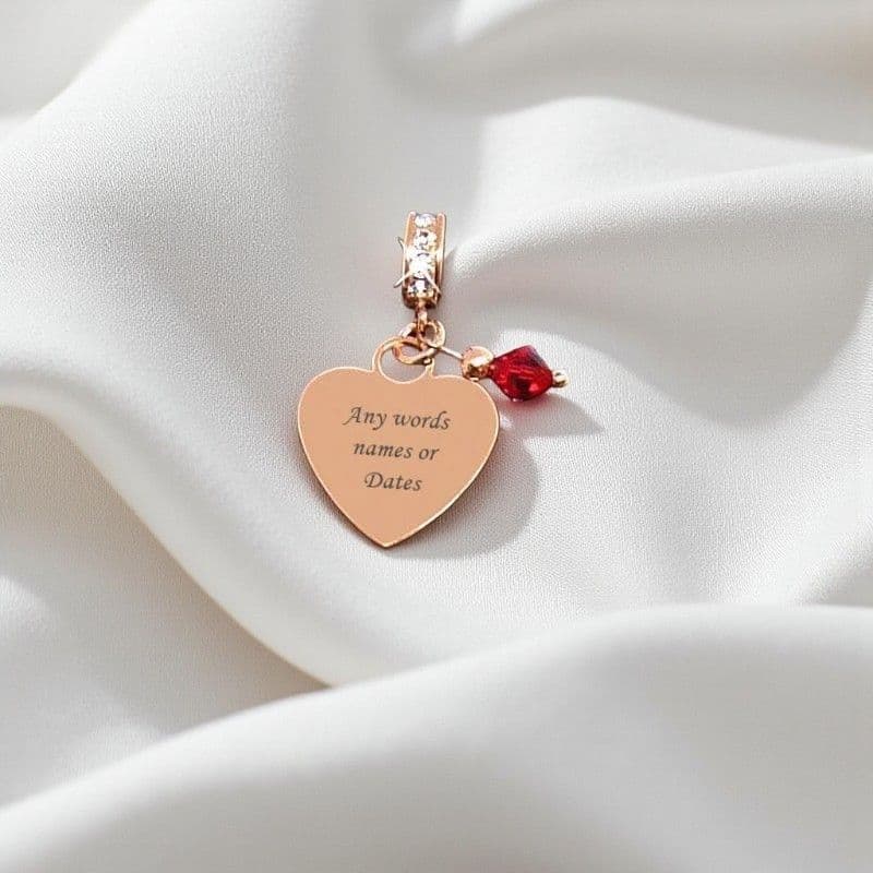Engraved Heart Charm in Rose Gold with Birthstone and Crystals | Someone Remembered