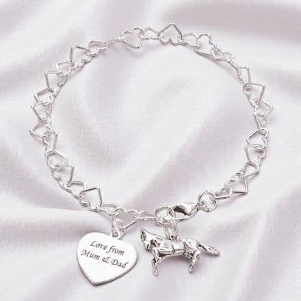 Engraved Heart Link Bracelet with Horse Charm, Personalised