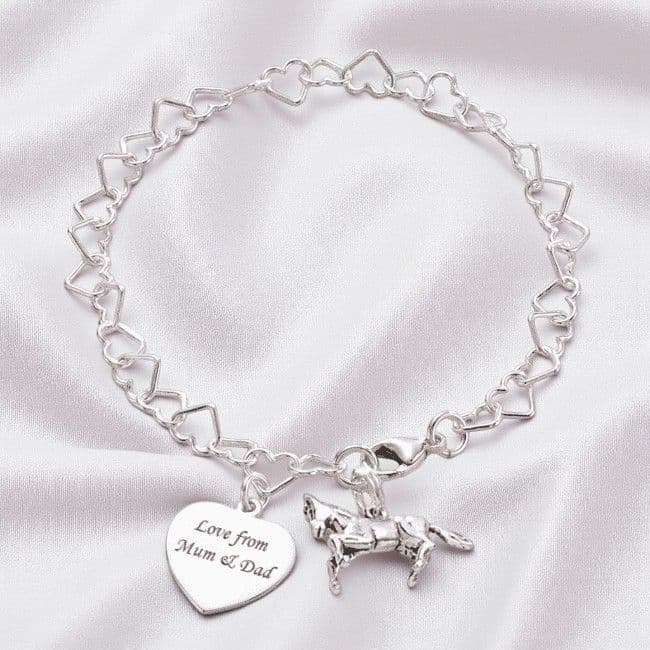 Engraved Heart Link Bracelet with Horse Charm, Personalised | Someone Remembered