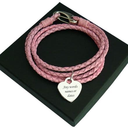 Engraved Heart Memorial Bracelet, Pink Leather