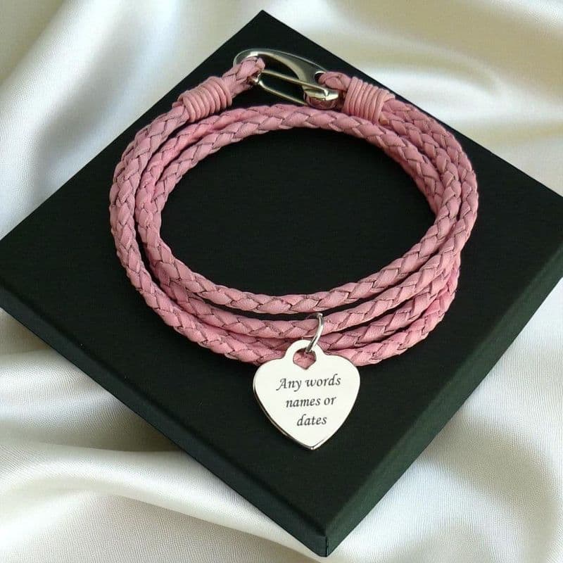 Engraved Heart Memorial Bracelet, Pink Leather | Someone Remembered