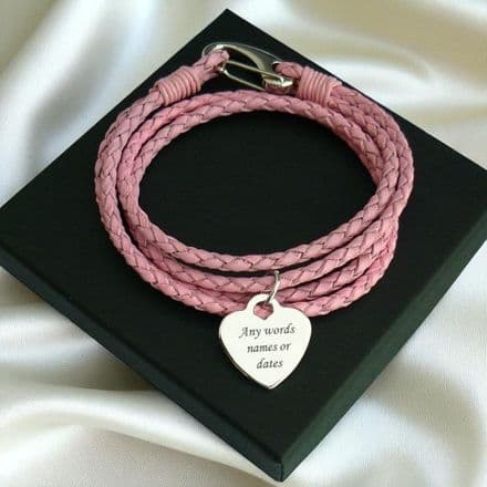 Engraved Heart Memorial Bracelet, Pink Leather