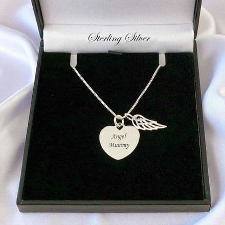 Engraved Heart with Angel Wing, Sterling Silver Necklace