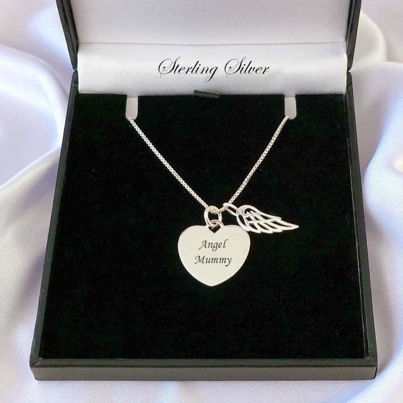 Engraved Heart with Angel Wing, Sterling Silver Necklace | Someone Remembered
