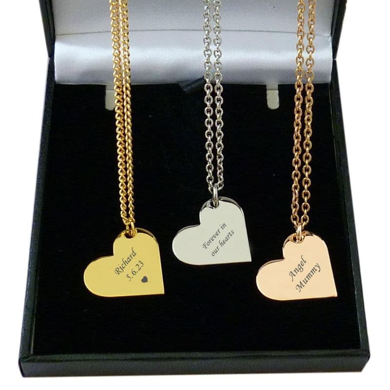 Engraved, Ladies Memorial Necklace, Personalised Heart in Gold, Rose Gold or Silver | Someone Remembered
