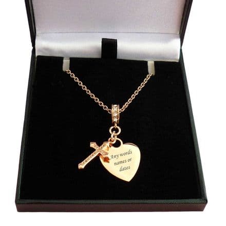 Engraved Necklace with Cross and Heart in Rose Gold