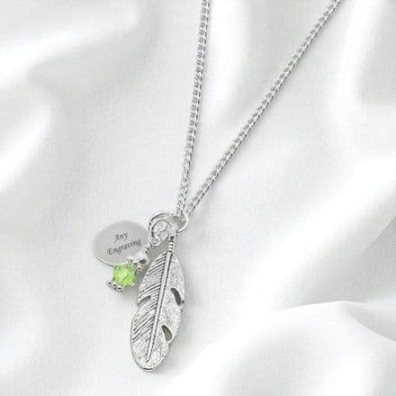 Engraved Necklace with Feather & Birthstone