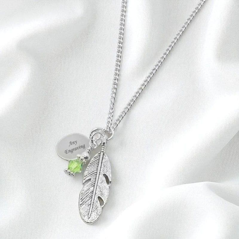 Engraved Necklace with Feather & Birthstone | Someone Remembered