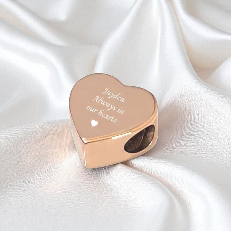 Rose Gold Engraved Memorial Charm Bead, Heart | Someone Remembered