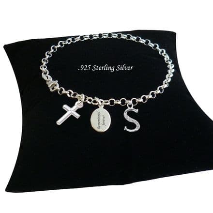 Engraved Silver Bracelet with Cross Charm & Letter, Personalised
